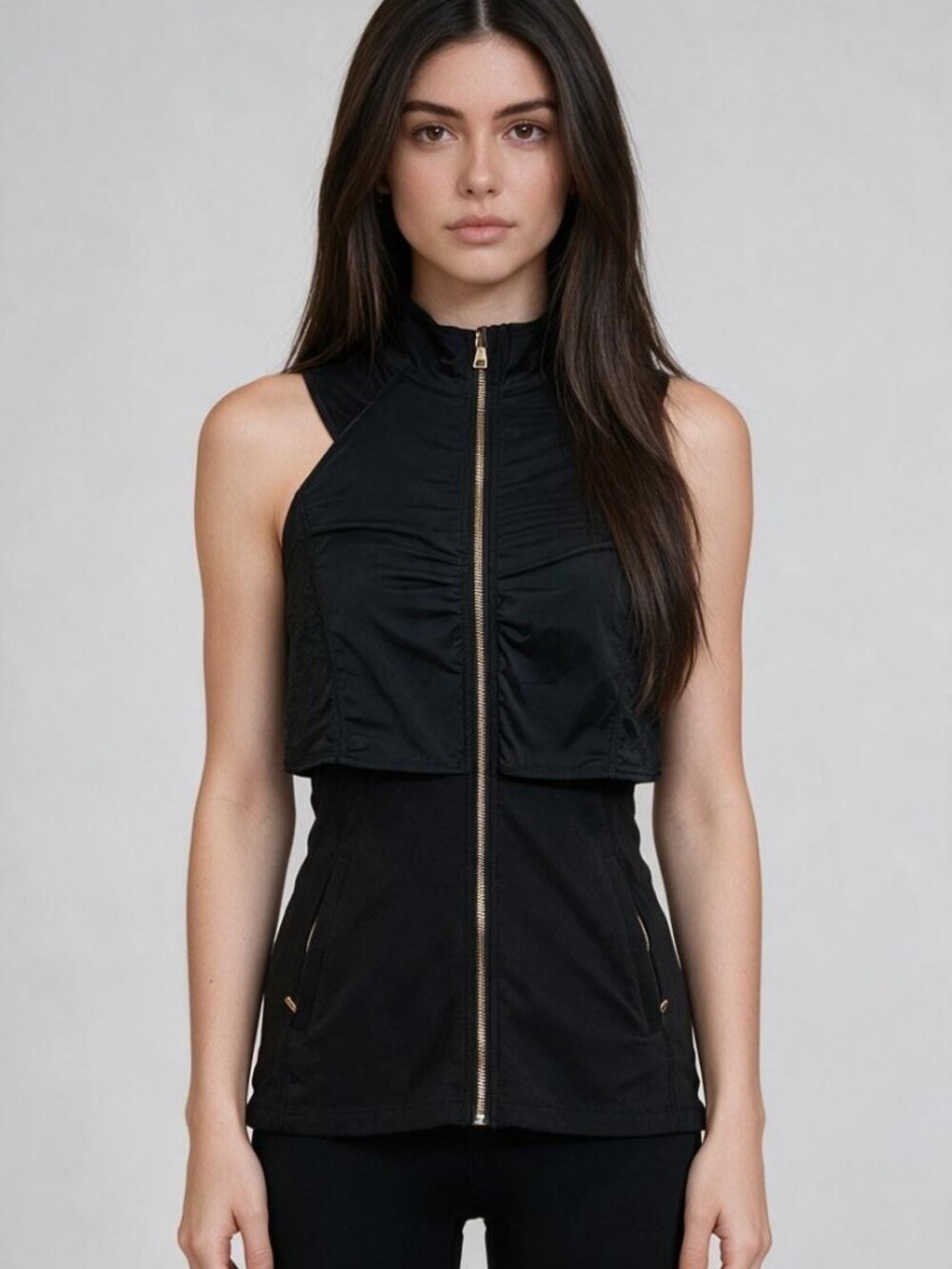 Zobha Active Vest Womens S Black Gold Zip Ruched Mesh Mock Neck Athleisure